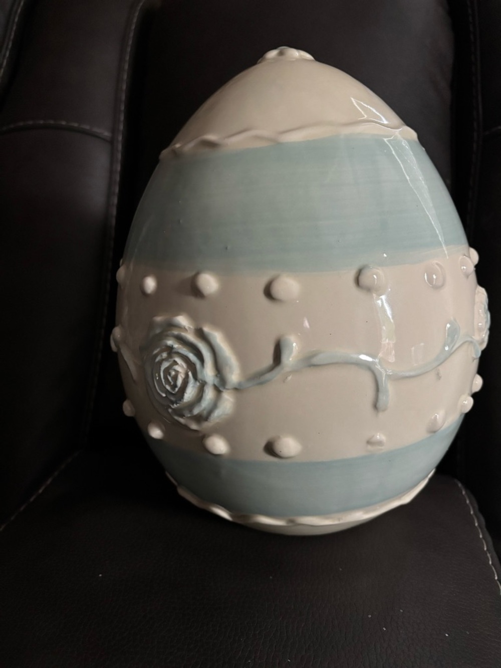 Handcrafted Ceramic Decorative Egg - Pale Blue & Cream approx 10” tall